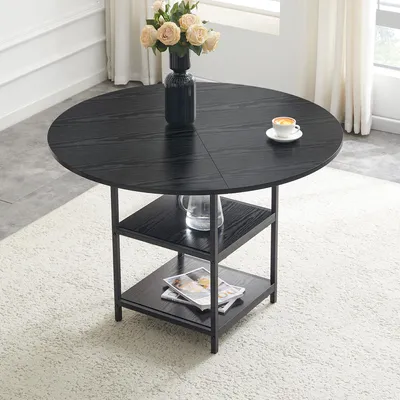 Produktbild von Esstisch Rund Ø 107 cm Schwarz – Küchentisch mit 2 Ablagen aus MDF & Metallgestell – Moderner Speisetisch für 2-4 Personen – Wohnzimmertisch Platzsparend