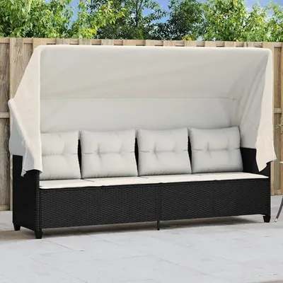 Produktbild von Sonnenliege mit Dach und Kissen Schwarz Poly Rattan, Gartenliege Liegestuhl Deckchair Relaxliege Bäderliege, UV-beständig für Terrasse Balkon Pool und Outdoor