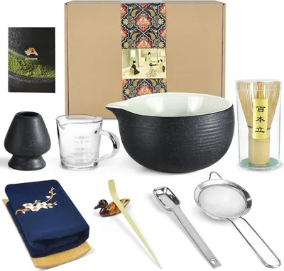 Image de Set de thé matcha japonais bleu - bol, fouet, pelle à thé, passoire à poudre ; parfait pour le thé matcha