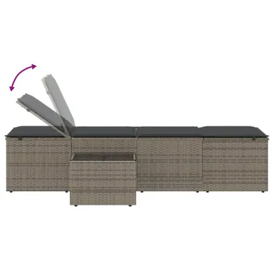 A set of outdoor furniture, including two loungers and a table, shown from a side view against a white background.