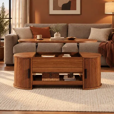 Produktbild von okwish Couchtisch mit Hubplatte und seitliche Schiebetüren, Sofatisch mit verstecktem Stauraum,geriffeltes Design,Beistelltisch,Nussbaum