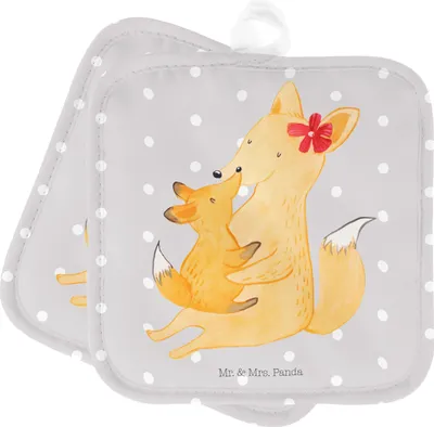 Produktbild von Mr. & Mrs. Panda Topfuntersetzer Fuchs Mama - Grau Pastell - Geschenk, Tochter, Topflappen, Muttertag, Mutter, Doppel, Set, topfhalter, Kochlappen, Schoß