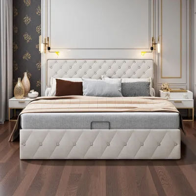 Produktbild von Elegantes Polsterbett 140x200 mit großem, verstellbarem Kopfteil, Samtbett mit LED-Beleuchtung, hydraulischem Stauraumsystem, elegantes beiges Bett