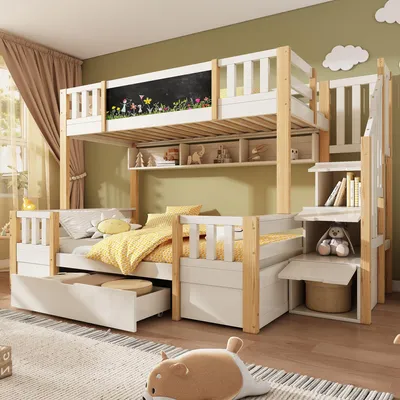 Produktbild von Etagenbett für 3 Kinder mit Stauraum, 90 x 200 cm, Weiß