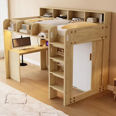 Image de OKWISH Lit Mezzanine 90x200 cm - Lit Ado avec Bureau et Armoire Intégrés, LED et Prise Électrique - Sommier Inclus - Sans Matelas - Bois Naturel