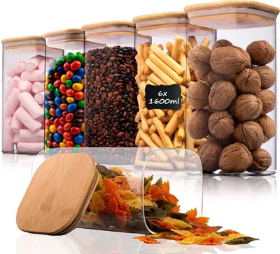 Obrázek produktu pro Sada 6 skleněných nádob na skladování s bambusovými víčky, vzduchotěsné dózy pro uchovávání potravin