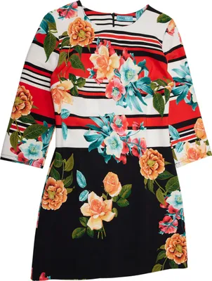 Produktbild von Flowerpower Kleid, rot, floral bedruckt, locker fallend, knieumspielend, 3/4-Ärmel