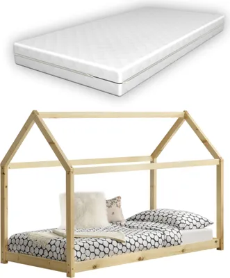 Image de Lit d'enfant avec matelas orthopédique 80x160 cm Lit de maison en bois Maison design en bois de pin naturel avec matelas en mousse froide Oeko-Tex Standard 100 [en.casa]