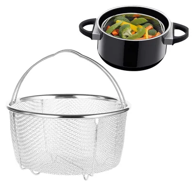 A steaming basket is shown next to a pot with vegetables inside.