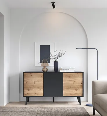 Produktbild von Kommode WILLOW K154 mit 3 Türen Loft Sideboard Eiche Artisan / Schwarz