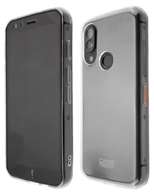 Two views of a transparent phone case with a phone inside, displayed against a white background.