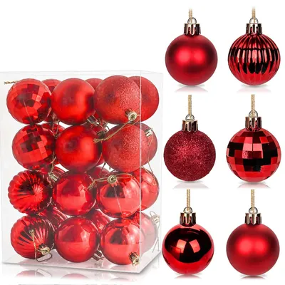 Weihnachtskugeln 24er Set, 6 cm, unzerbrechlich, 6 Designs, rot