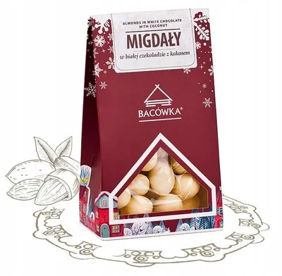 Zdjęcie produktu dla Migdały w białej czekoladzie z kokosem 100g Bacówka