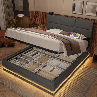 Produktbild von okwish Polsterbett 160×200 Doppelbett mit USB und Type-C-Anschlüssen,LED,Jugendbett mit höhenverstellbarem Kopfteil,Boxspringbett Grau,ohne Matratze