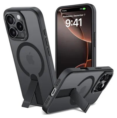 Three views of a black iPhone case with a kickstand and MagSafe compatibility.