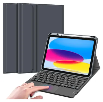 A tablet with a keyboard case and stylus is shown, with a hand interacting with the touchpad.