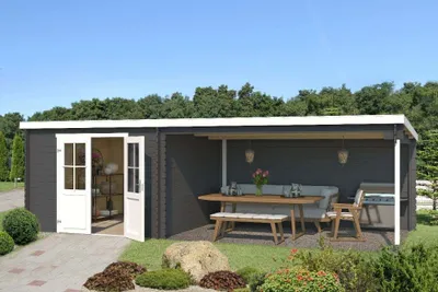 Produktbild von Lasita Maja Gartenhaus St. Louis Gartenhaus aus Holz in Grau, Holzhaus mit 28 mm Wandstärke inklusive Terrasse, Blockbohlenhaus mit Montagematerial