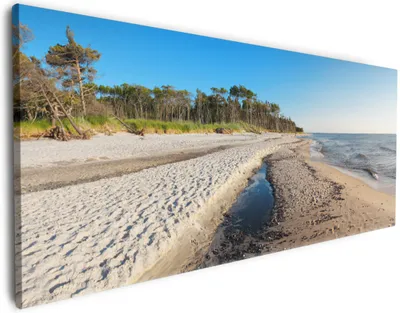 Produktbild von Wallario Premium Leinwandbild Einsamer Strand am Meer - Blauer Himmel in Größe 80 x 200 cm