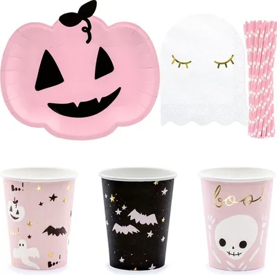Produktbild von Halloween Partyset 56 tlg. für 12 Kinder Kürbis / Fledermaus Deko