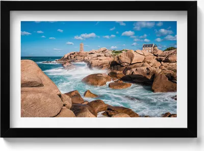 Produktbild von Wasser, Felsen und ein Leuchtturm– Wandbild mit Rahmen – Gerahmtes Bild  – Wanddekoration – 30x20 cm –  Schwarz Rahmen