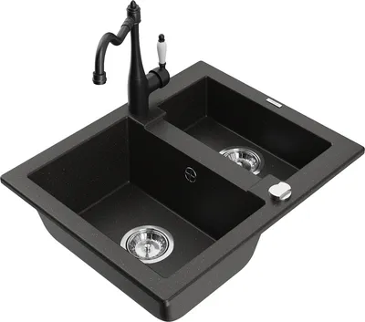 Produktbild von Mexen Carlos 1,5-Becken-Granitspüle mit Mischbatterie Carla, Schwarz/Gold metallisch - 6518-75-670700-70