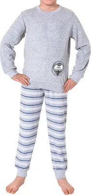 Produktbild von Cooler Jungen Frottee langarm Schlafanzug Pyjama mit Bündchen und Fussball-Motiv ; grau , 128