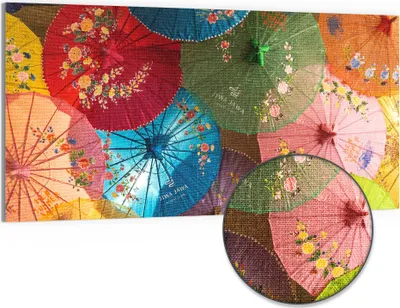 Produktbild von DEQORI Hybrid Leinwand Bild 100x50 cm 'Farbenfrohe Schirmkunst' Wandbild Glas flach modern