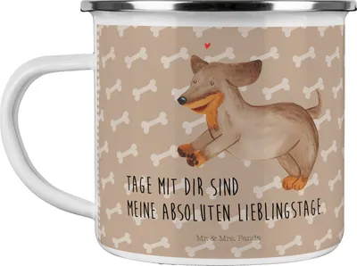 Produktbild von Mr. & Mrs. Panda Emaille Tasse Hund Dackel - Hundeglück - Geschenk, Pott, Becher, Sprüche, Teetasse, wanderbecher, Dachshund, Hunde, Herz