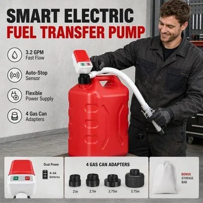 Productafbeelding van Brandstofpomp met autostopsensor, 2,4 GPM, elektrische olie-afzuigpomp met 4 adaptermaten, elektrische benzinepomp voor jerrycans, brandstof overvulpomp voor diesel, olie, benzine