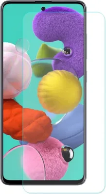 A clear screen protector is shown laid over a smartphone screen displaying a colorful abstract image.