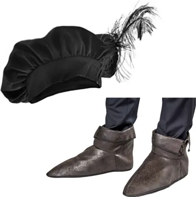 Mittelalter-Set Barett und Schuhüberzieher aus Kunstleder für Herren Kostüm-Zubehör Mittelalterfest Accessoire Fasching Karneval Mottoparty
