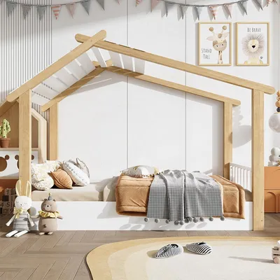 Produktbild von Kinderbett Holzhausdesign Kiefer + Spanplatte +MDF Jugendbett Holzbetten Einzelbett 90x200cm Weiß+Natur