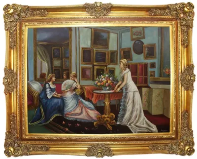 Produktbild von Casa Padrino Barock Ölgemälde 3 Damen Mehrfarbig / Gold 160 x 10 x H. 130 cm - Handgemaltes Gemälde mit prunkvollem Rahmen im Barockstil - Barock Deko Accessoires