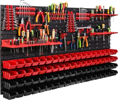 Zdjęcie produktu dla System magazynowy Regał warsztatowy | 156 x 78 cm | 76 szt. Pudełko | Regał ścienny z uchwytami na narzędzia i pojemnikami do układania w stosy - Płyty ścienne Bardzo wytrzymały regał z przegrodami Ściana perforowana Regał magazynowy Regał garażowy