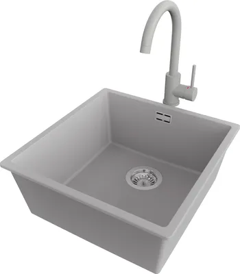 Produktbild von PRIMAGRAN Granitspüle Grau 46x47cm, Spülbecken 1 Becken + Küchenarmatur 32x20cm + Ablauf-Set, Küchenspüle ab 50er Unterschrank - London Slim