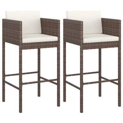 Two brown poly rattan bar stools with white cushions are shown against a white background.