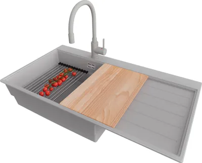 Produktbild von PRIMAGRAN Granitspüle Grau 90x50cm, Spülbecken 1 Becken + Küchenarmatur 38x14cm + Ablauf-Set + Küchenzubehörset, Küchenspüle ab 60er Unterschrank - Sydney
