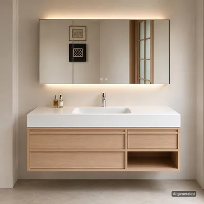 Produktbild von Modernes Badmöbel-Set, wandhängender Waschtisch mit Sinterstein-Waschbecken, LED-Spiegelschrank, Unterschrank und Ablaufset 120 × 55 cm【RW720JG-120】