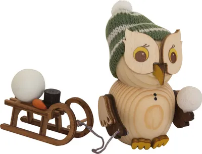 Produktbild von Drechslerei Kuhnert - Mini-Eulen aus Holz - mit Schlitten - ca. 7 cm groß - als Dekoration oder Geschenk geeignet