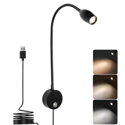 Produktbild von LED Wandleuchte Dimmbar 3 Lichtfarben USB Leselampe Flexibel Lampenarm Memory Funktion Wandlampe Nachttischlampe Nachtlicht, Schwarz