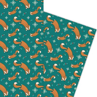 Produktbild von Niedliches Weihnachts Geschenkpapier mit Fuchs auf grün - G5930, 32 x 48cm