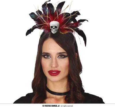 Produktbild von Voodoo Hexe Halloween Haarreif Mit Totenkopf Federn Schaurige Deko, Farbe: Mehrfarbig