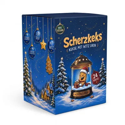 Zdjęcie produktu dla Scherzkeks® - Zestaw adwentowy premium zawierający 24 ciasteczka | Ciasteczka z zabawnymi pytaniami w dekoracyjnym świątecznym pudełku - idealne jako kalendarz adwentowy, na Boże Narodzenie, do wręczenia prezentów, na Sylwestra, zestaw prezentowy, Obraz wygenerowany przez AI