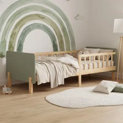 Produktbild von Homestyle4u Kinderbett 90x200 mit Rausfallschutz Holzbett Grün mit Lattenrost Kiefer Massivholz