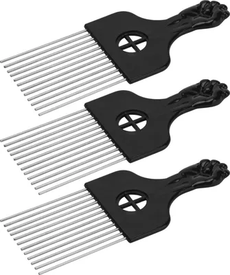 Produktbild von 3er Pack Afro Kamm Haar Metallen Pick - Friseur Perücke Zopf Styling Werkzeug - Damen und Herren - Schwarz