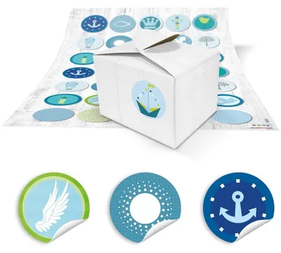 Produktbild von 10 kleine weiße Gastgeschenk Geschenkschachteln Geschenkboxen 8 x 6,5 x 5,5 + 35 maritime blau türkise Taufe Kommunion Aufkleber Sticker, Verpackung für Mitgebsel für Kinder
