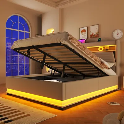 Produktbild von Flieks Hydraulisches Polsterbett 140x200cm mit Led, Stauraumbett Doppelbett mit Usb & Type-c, Jugendbett mit Stauraum und Lattenrost, Leinen, Beige