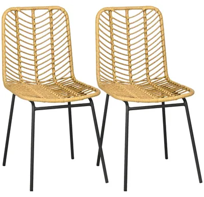 Image de Ensemble de 2 chaises de salle à manger de style bohème, fauteuil d'accent en rotin, dimensions 44 x 58 x 85 cm, couleur naturelle et jaune