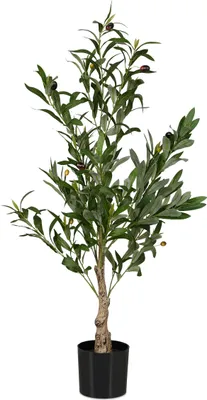 Produktbild von Relaxdays Olivenbaum künstlich, 90 cm hoch, Kunststoff, Stein, Kunstpflanze, Deko-Olivenbaum, Kunstbaum, grün/braun