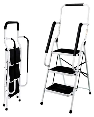 Produktbild von Trittleiter mit 3 Stufen und Handlauf, faltbar, Klapptritt aus Metall, bis 150 kg